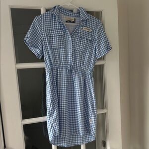 Magellan Outdoors Light Blue Gingham Drawstring Shirt Dress